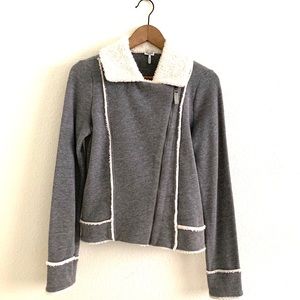 Splendid Sherpa Hoodie Gray White Zip Up Moto